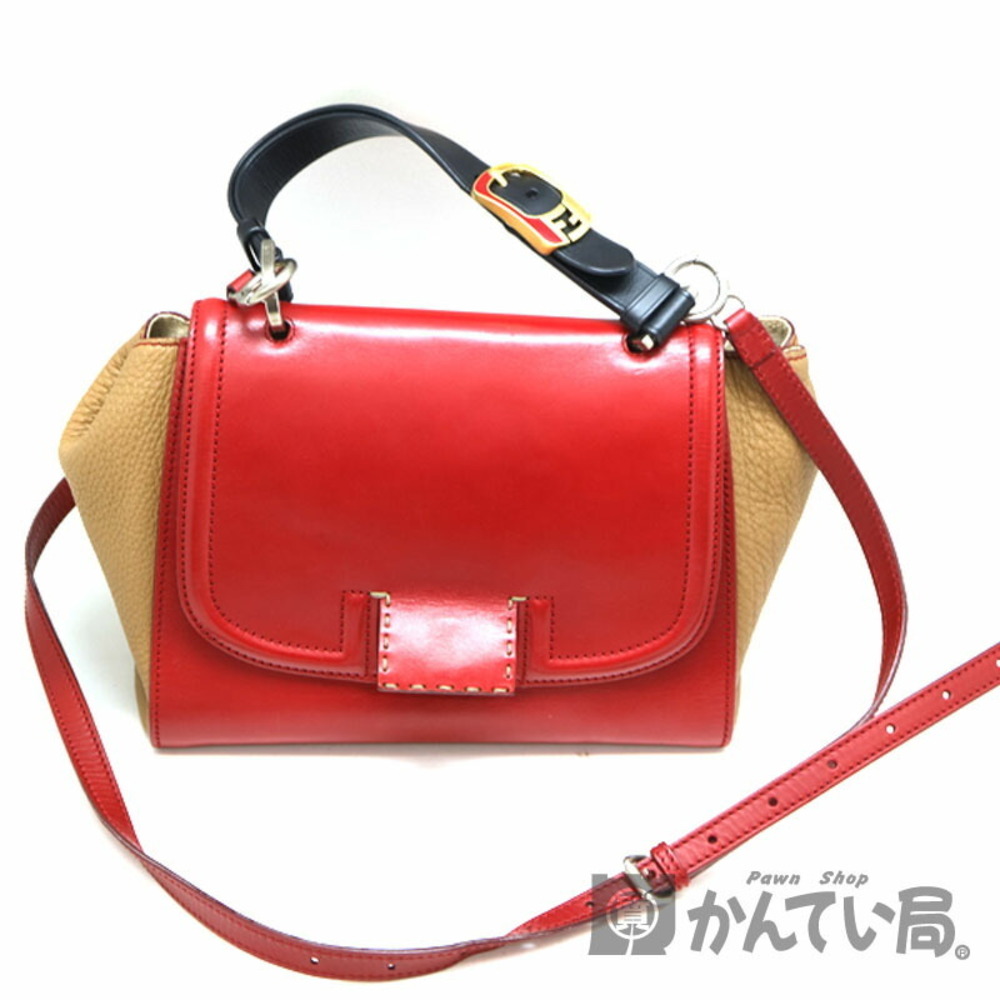 Fendi Silvana Bag Handbag Shoulder Leather Red Beige